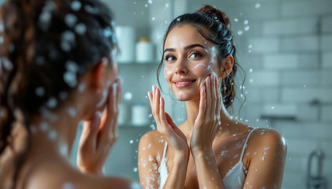 A woman has just stepped out of the shower in a steamy bathroom and is looking in the mirror, applying skin cream to her face