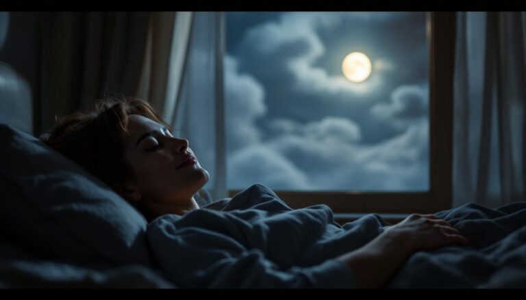 Someone asleep in a darkened room with a look of contentment on their face. The moon is shining through a mist through the window