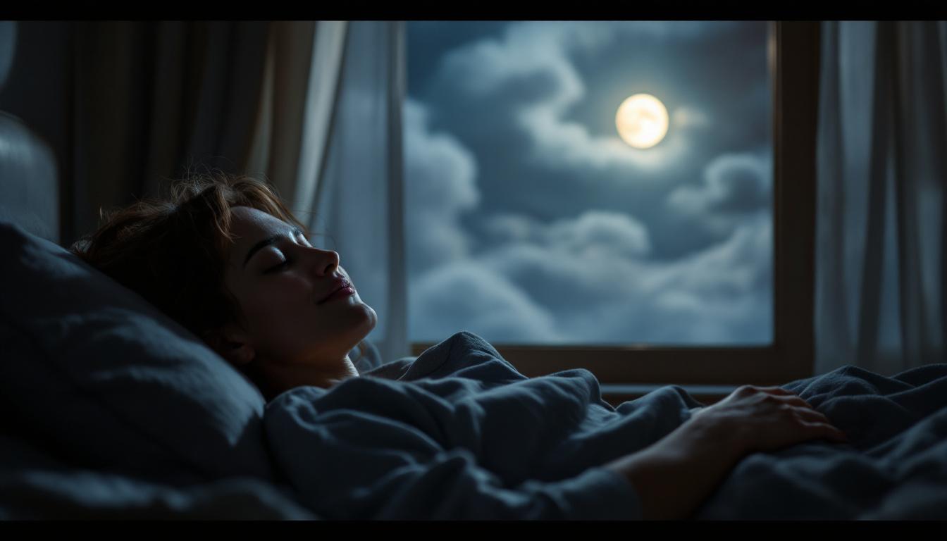 Someone asleep in a darkened room with a look of contentment on their face. The moon is shining through a mist through the window