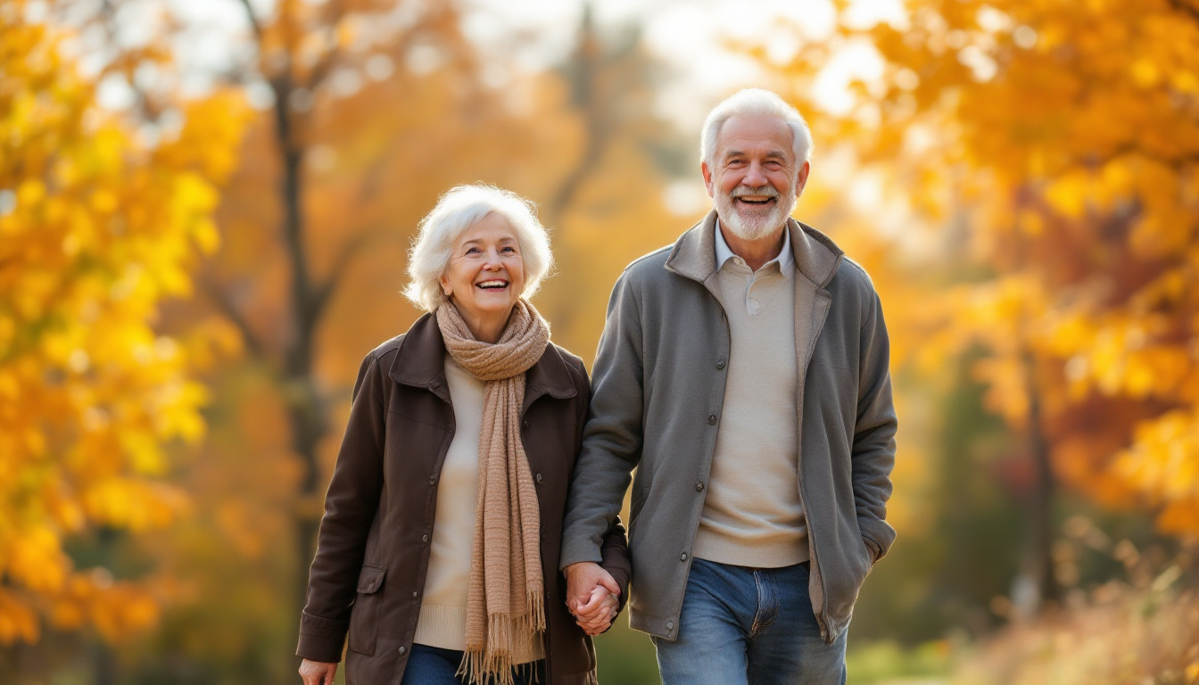 Elderly Couple Autumn Park Smiling