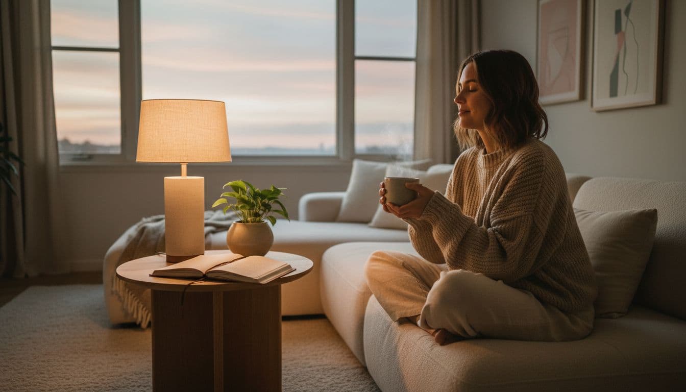 A person relaxes on a soft couch in a cozy living room at evening, holding a warm mug of herbal tea, with a small plant and open journal on the side table. Soft twilight through the window and warm lamp light create a calming wellness atmosphere in neutral tones. Daily Habits to Calm Nervous System