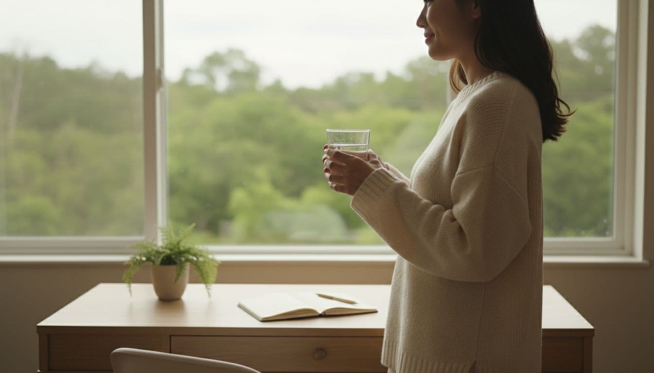 A relaxed person stands by a large window in a cozy home office, holding a clear glass of water during a short break from desk work, gazing at green trees outside.