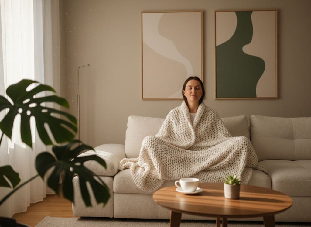 A calm indoor living space with a person sitting quietly on a neutral-toned sofa