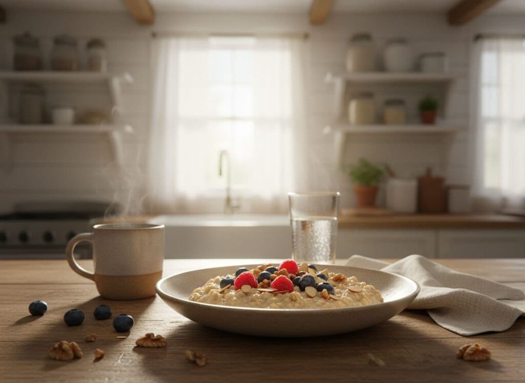 A cozy kitchen scene with a simple balanced breakfast