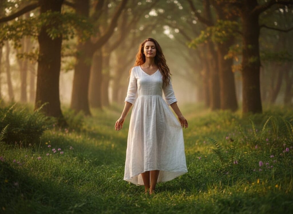 A quiet outdoor moment with a person standing barefoot on grass,