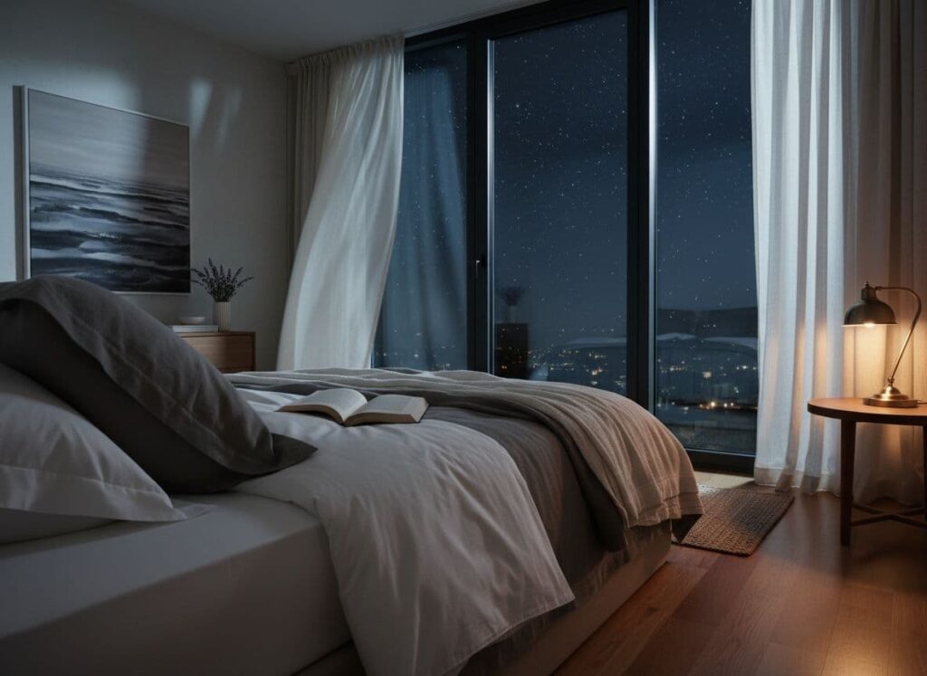 A tranquil bedroom at night with dim lighting, a neatly made bed with soft neutral bedding
