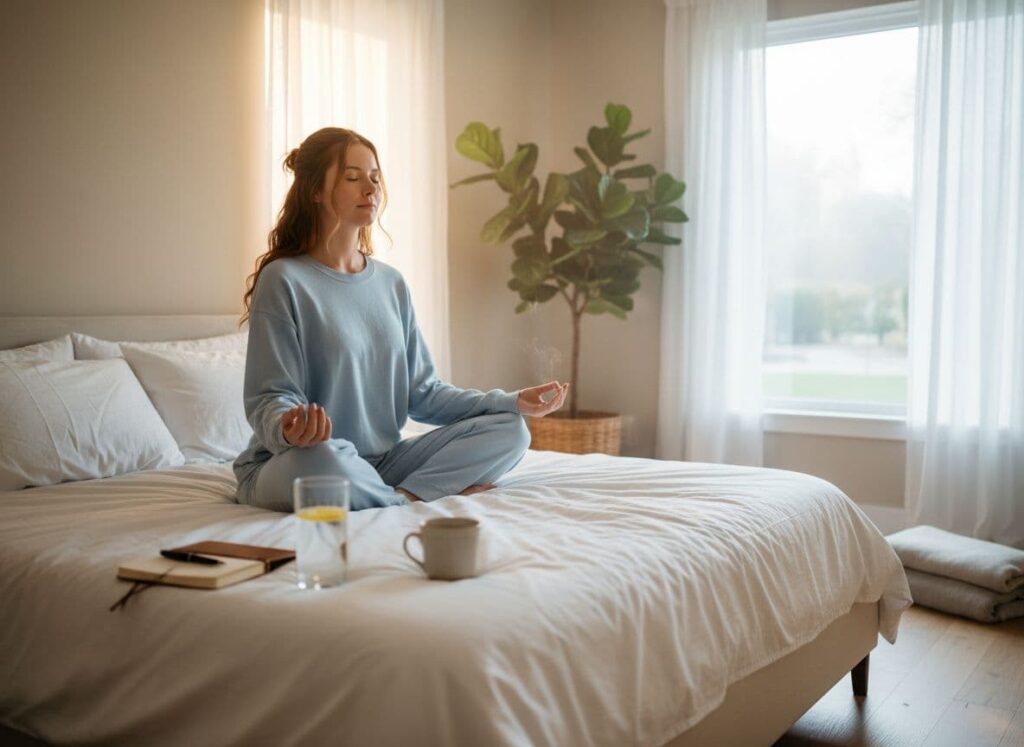 A peaceful morning routine scene with a person sitting cross-legged on a bed practicing deep breathing