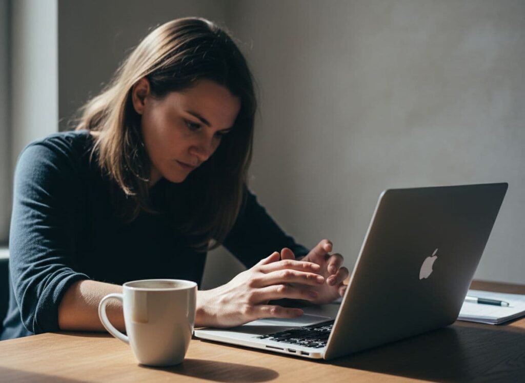 A close-up scene of a person sitting at a desk with subtle tension
