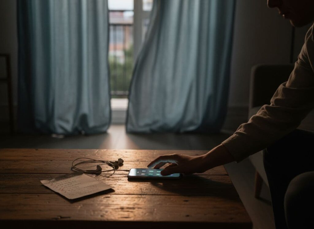 Person turning off distractions in a dim cozy room by placing their phone face down beside soft evening light.