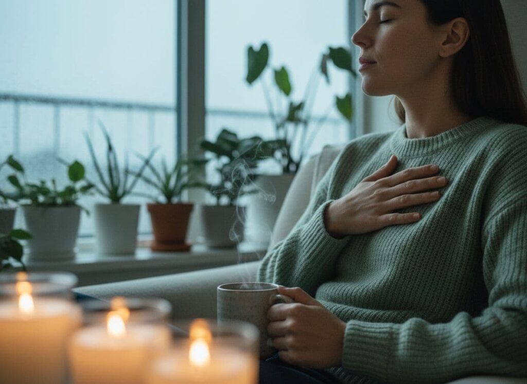 Person quietly breathing beside a rainy window with tea and candlelight in a calm indoor space. calm an overstimulated mind
