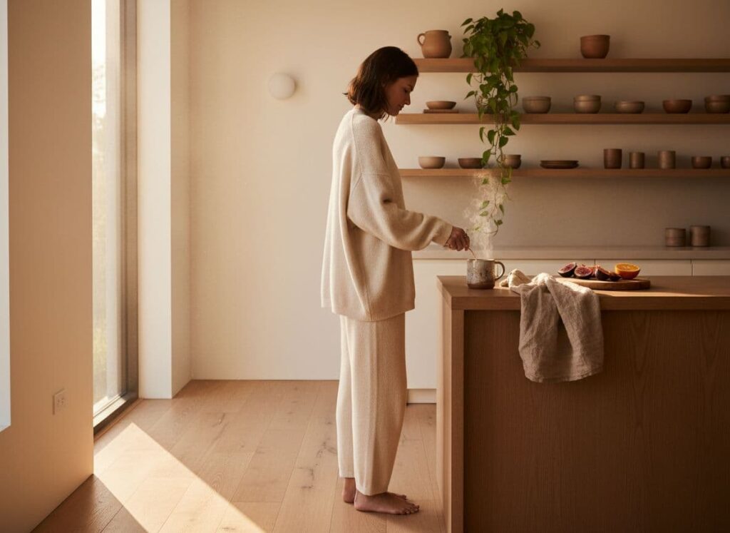 Person quietly making tea in a warm sunlit kitchen during a calm early morning routine.