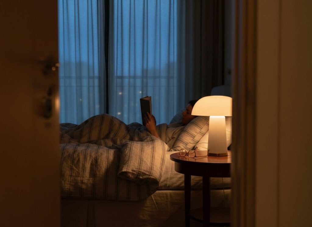 Quiet evening bedroom scene with a person reading in bed beside warm lamplight and soft curtains.