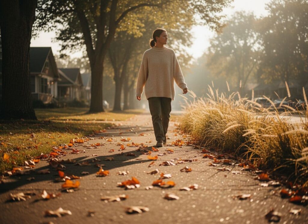 Person taking a slow quiet walk at sunset along a peaceful neighborhood sidewalk lined with trees.
